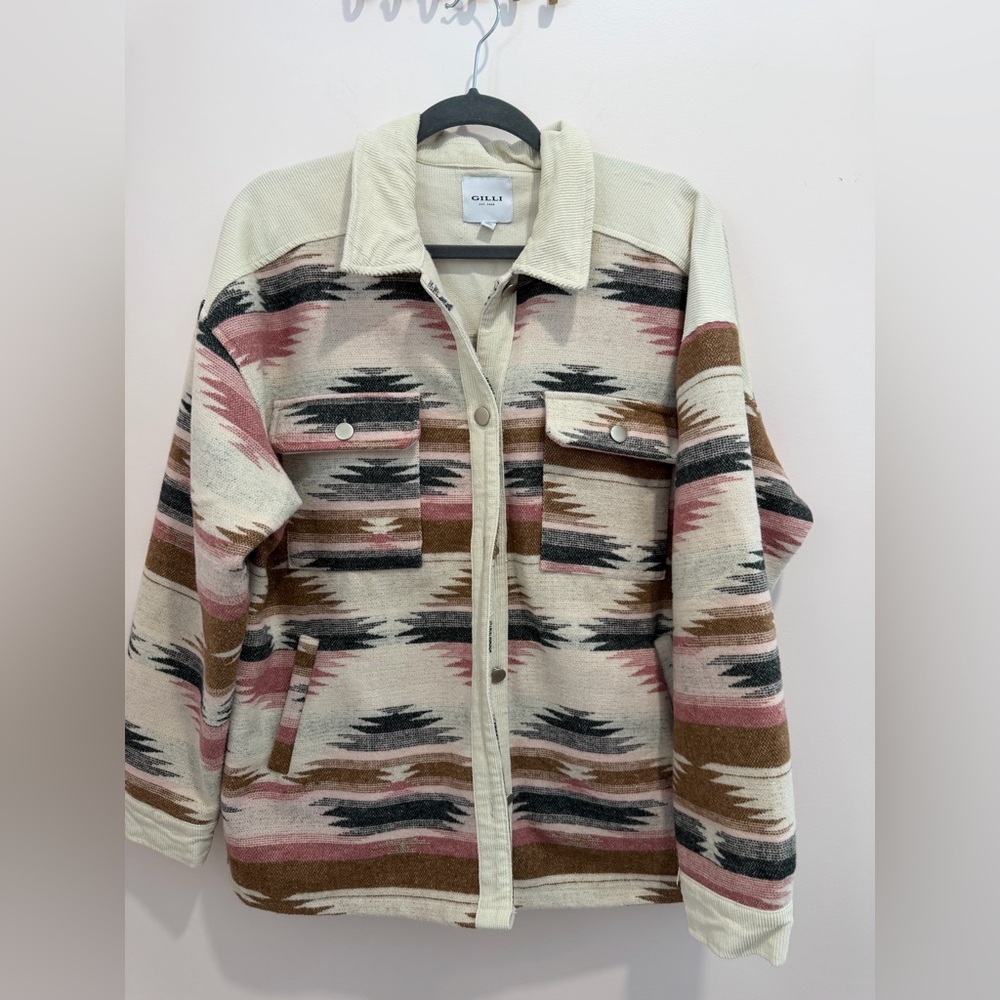 Gilli Aztec Shacket - Pink/Neutrals with Cream corduroy, Size Medium